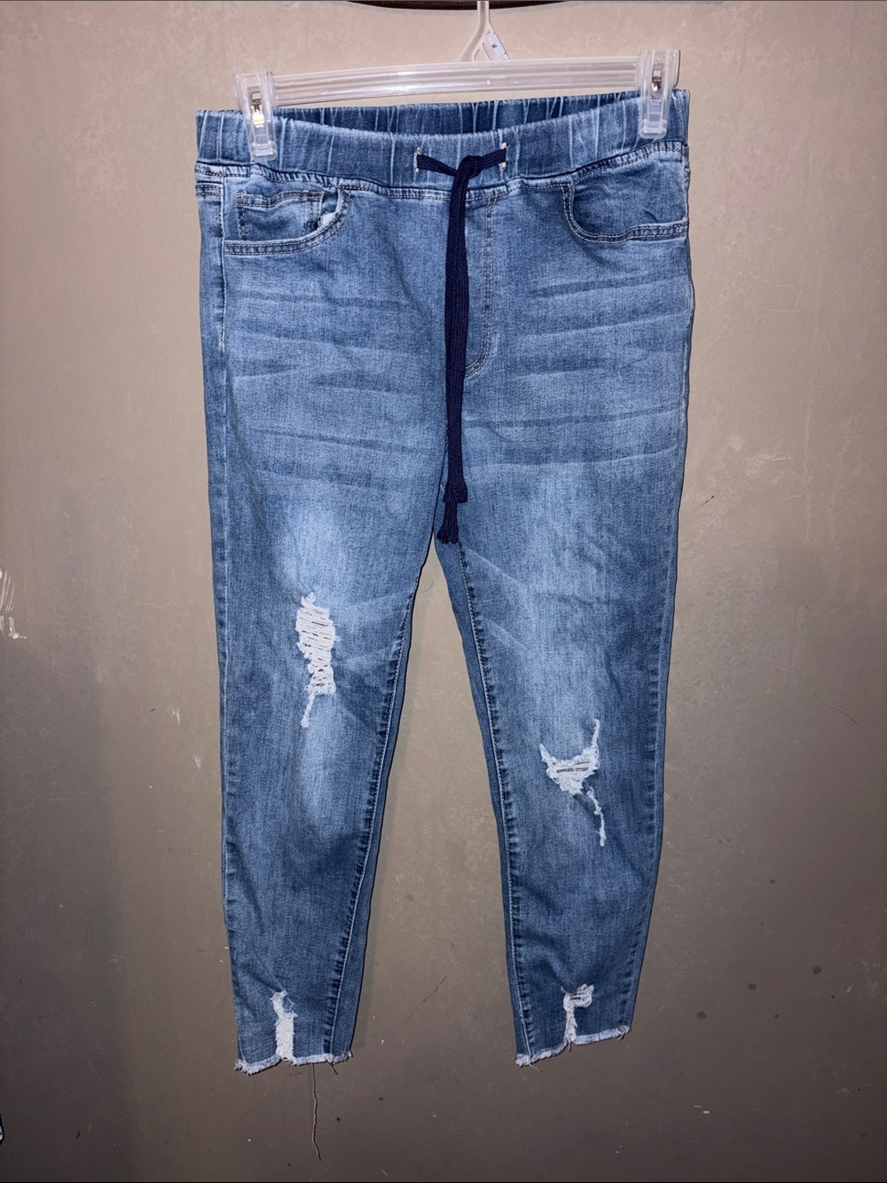 YMI Light Blue Distressed Skinny Jeans with Navy Drawstring